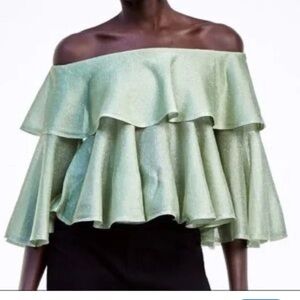 Zara green metallic thread knit off-the-shoulder ruffle top.